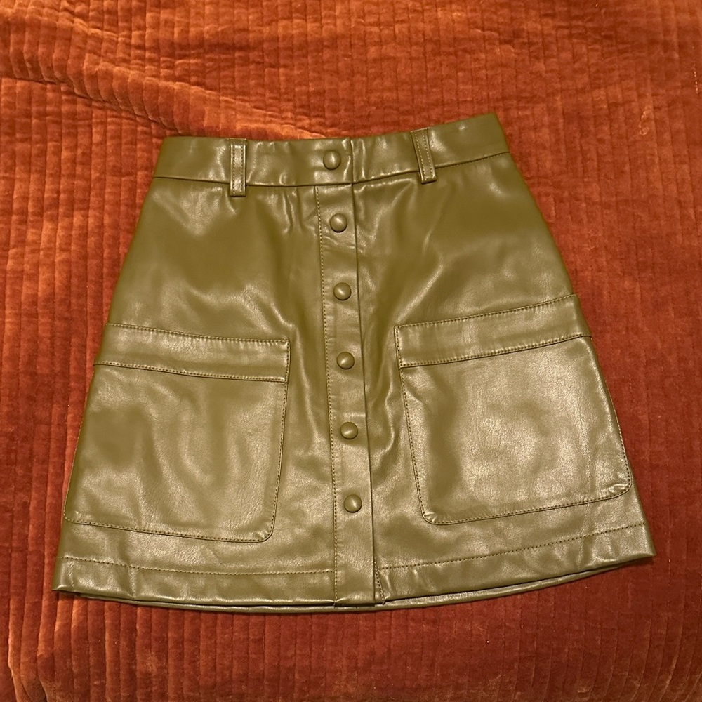 STAUD Olive Leather Mini Skirt